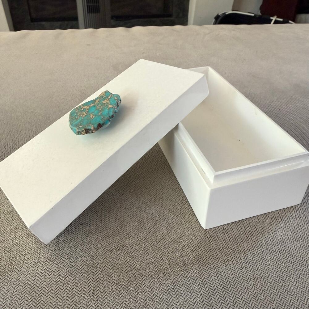 White Marble Trinket Box w Turquoise Stone Lid Jewelry Keepsake Box Decor